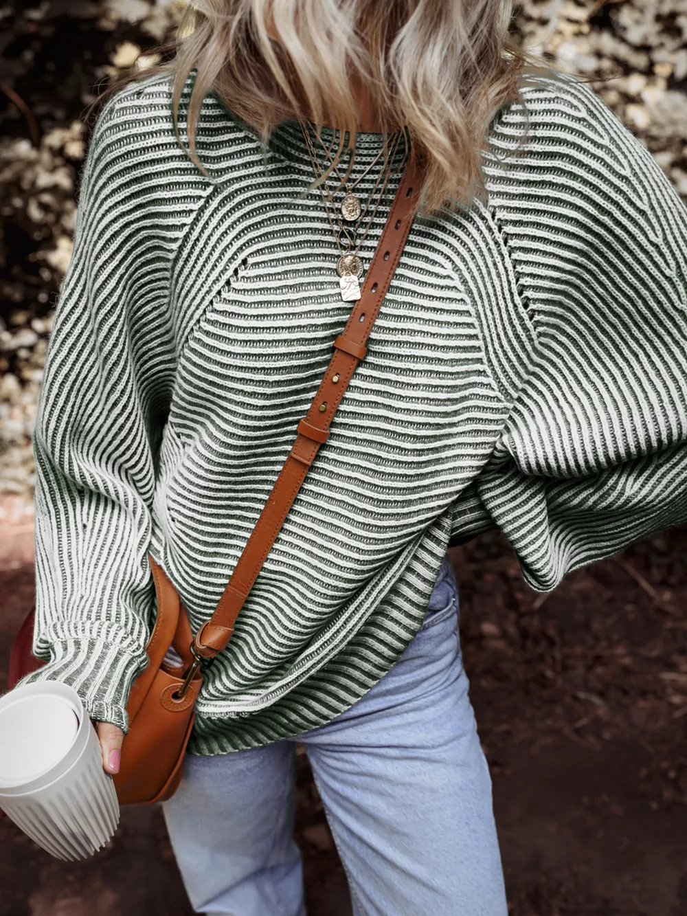 Striped Ribbed Knit Boat Neck Baggy Sweater, image 12