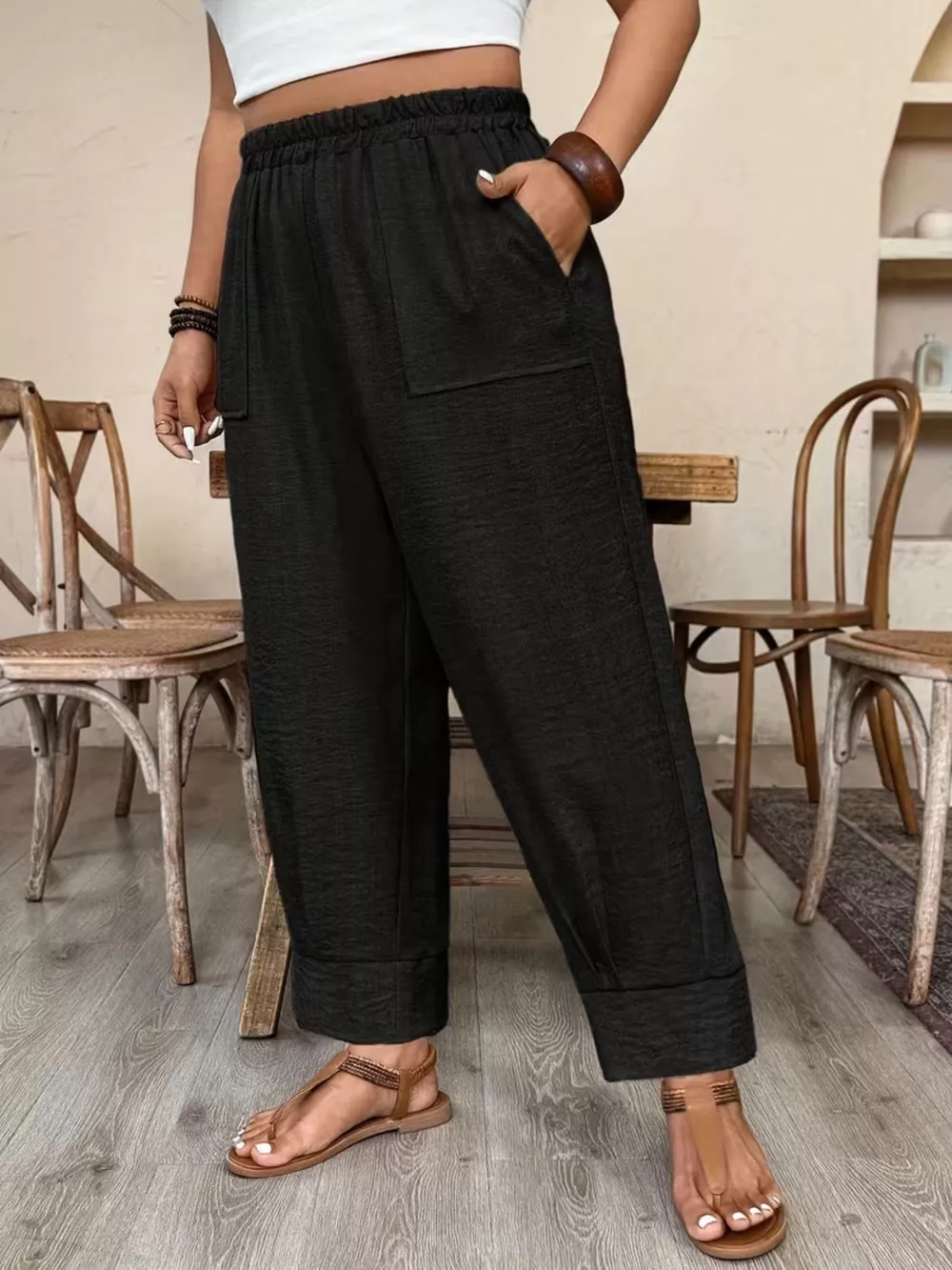 Plus Size High-Waisted Elastic Waist Pants with Pockets, image 11