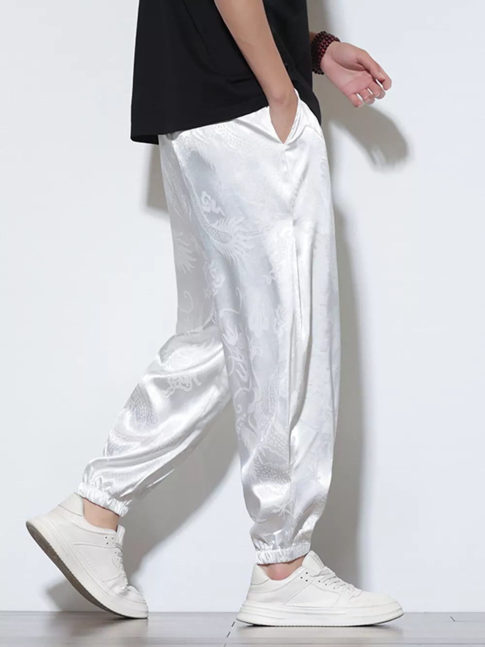 Men's Plus Size Dragon Pattern Silk Joggers, image 4