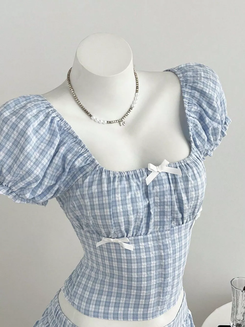 Plaid Puff Sleeve Blouse and Skirt Set, image 2