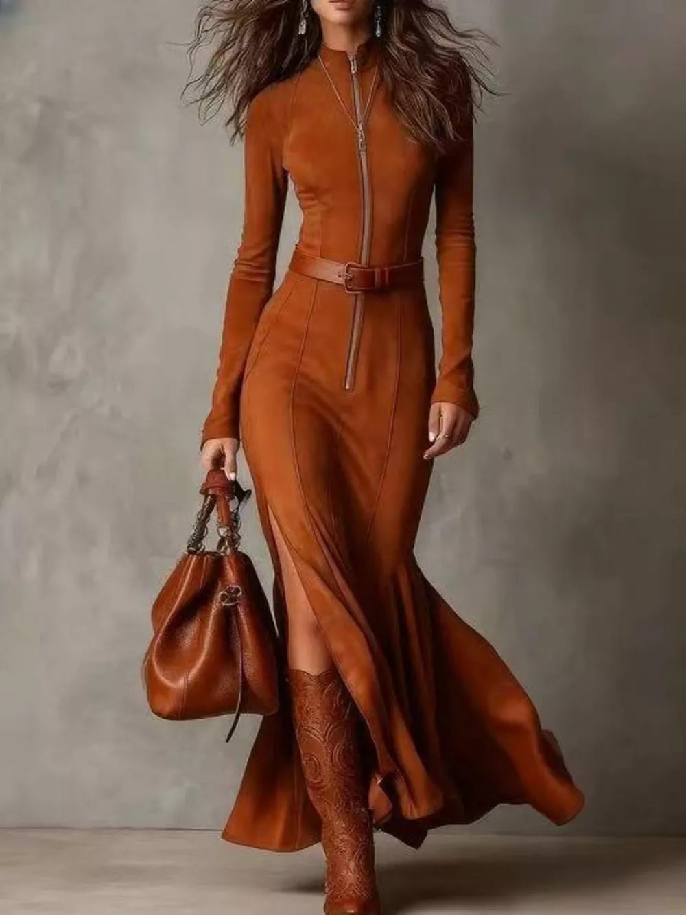 Full Size Zipper Front Long Sleeve Slit Maxi Dress Plus Size, image 5