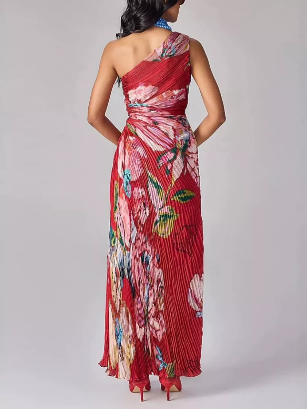 One-Shoulder Pleated Floral Maxi Dress, image 5