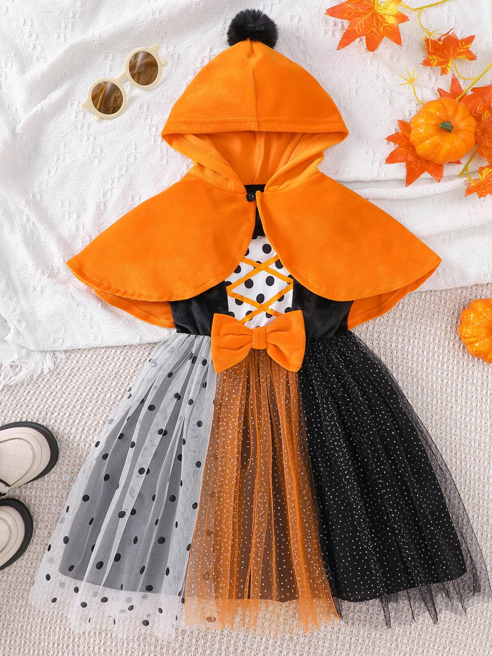 Children's Halloween Pumpkin Hooded Cape and Polka Dot Tulle Dress Set, image 2