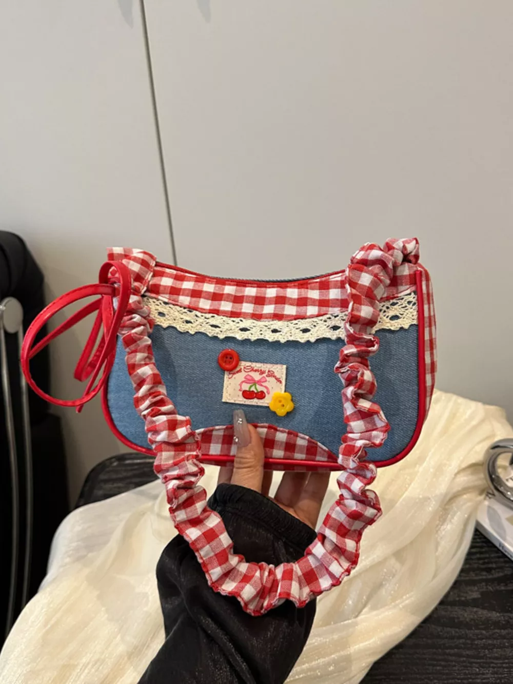 Cherry Plaid Strap Crossbody Bag, image 2