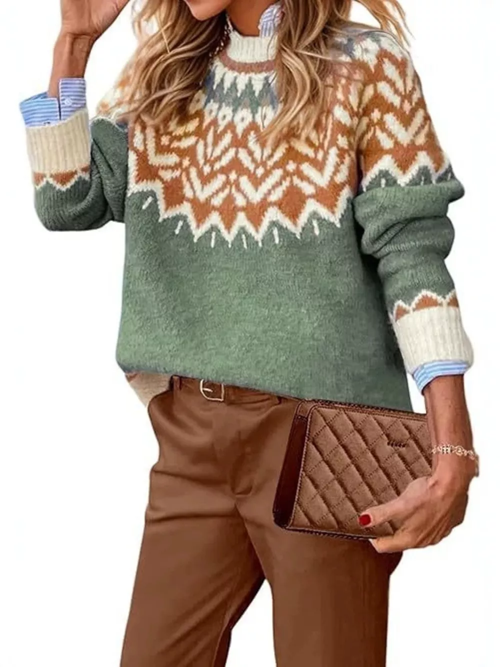 Full Size Fair Isle Patterned Long Sleeve Sweater Plus Size, image 6