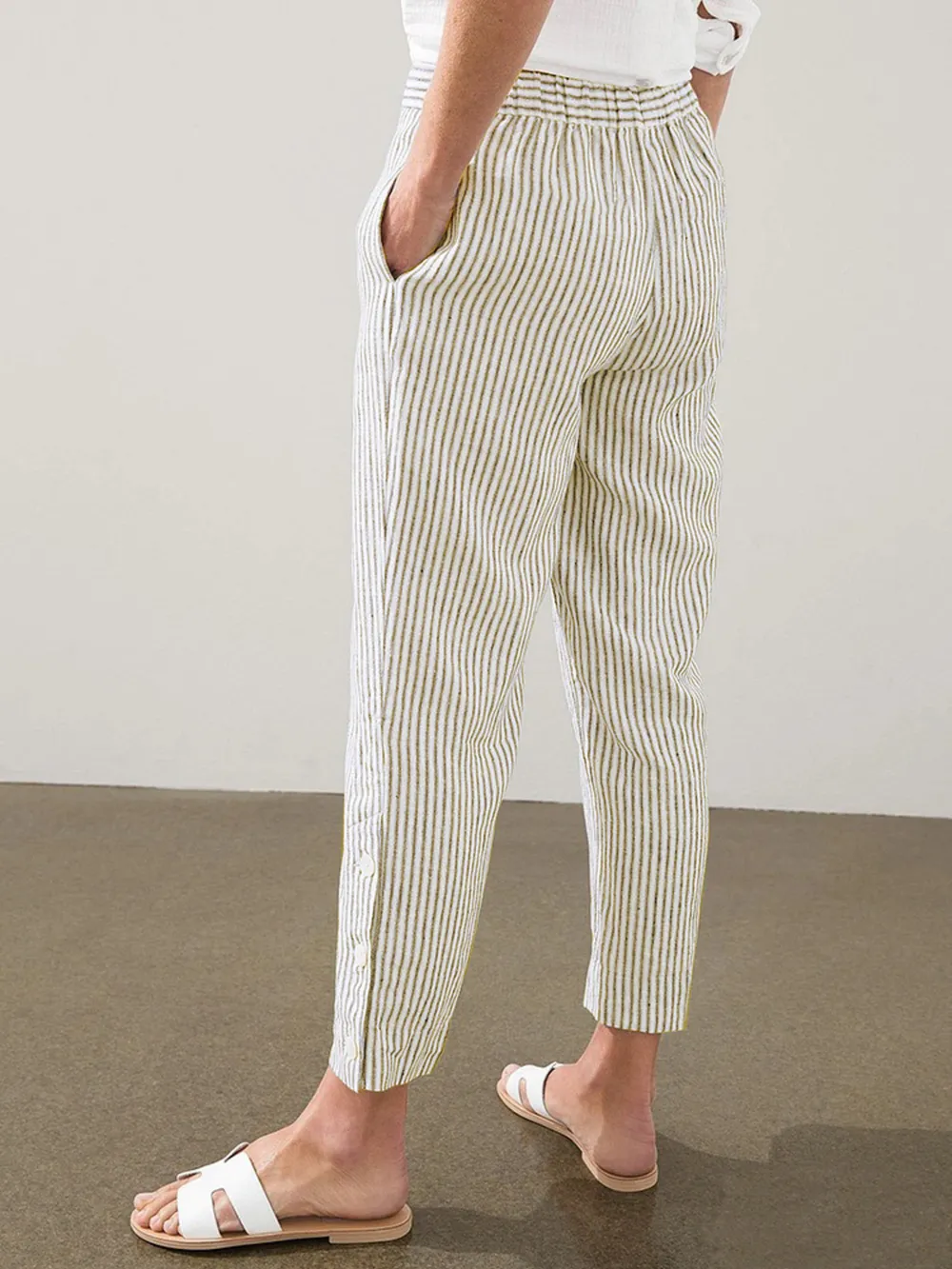 Full Size Striped Side Button Detail Pants Plus Size, image 9