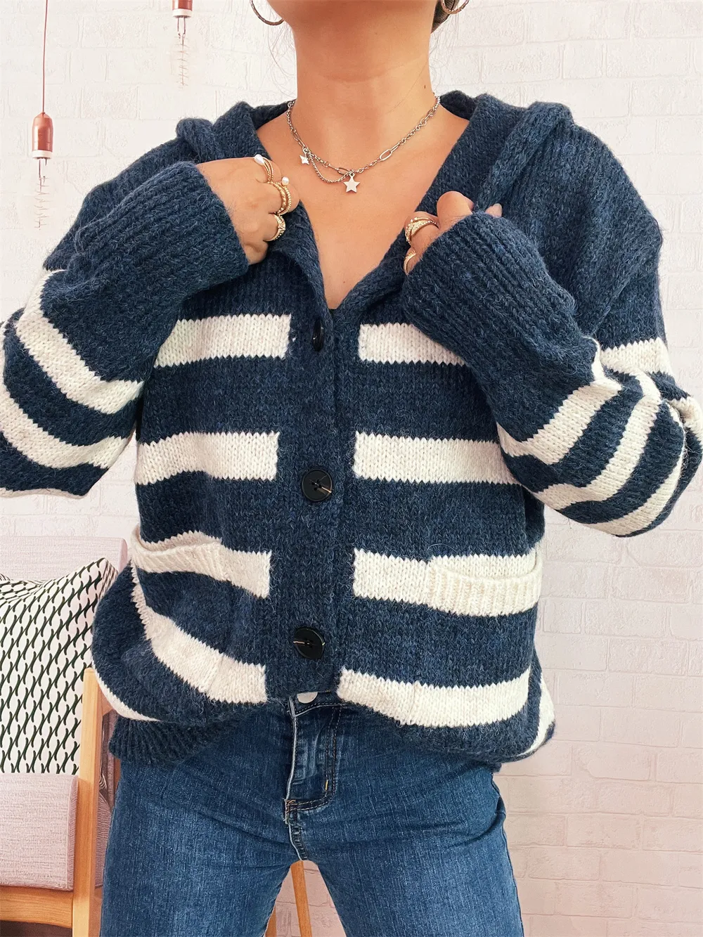 Striped Button-Up Hooded Cardigan, image 23