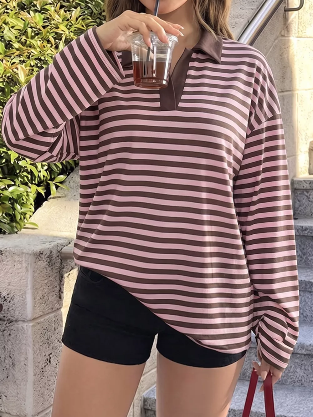 Vintage Striped Polo Collar Long Sleeve Top, image 2