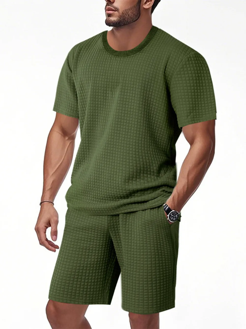 Men's Full Size Textured Round Neck Top and Shorts Set Plus SIze