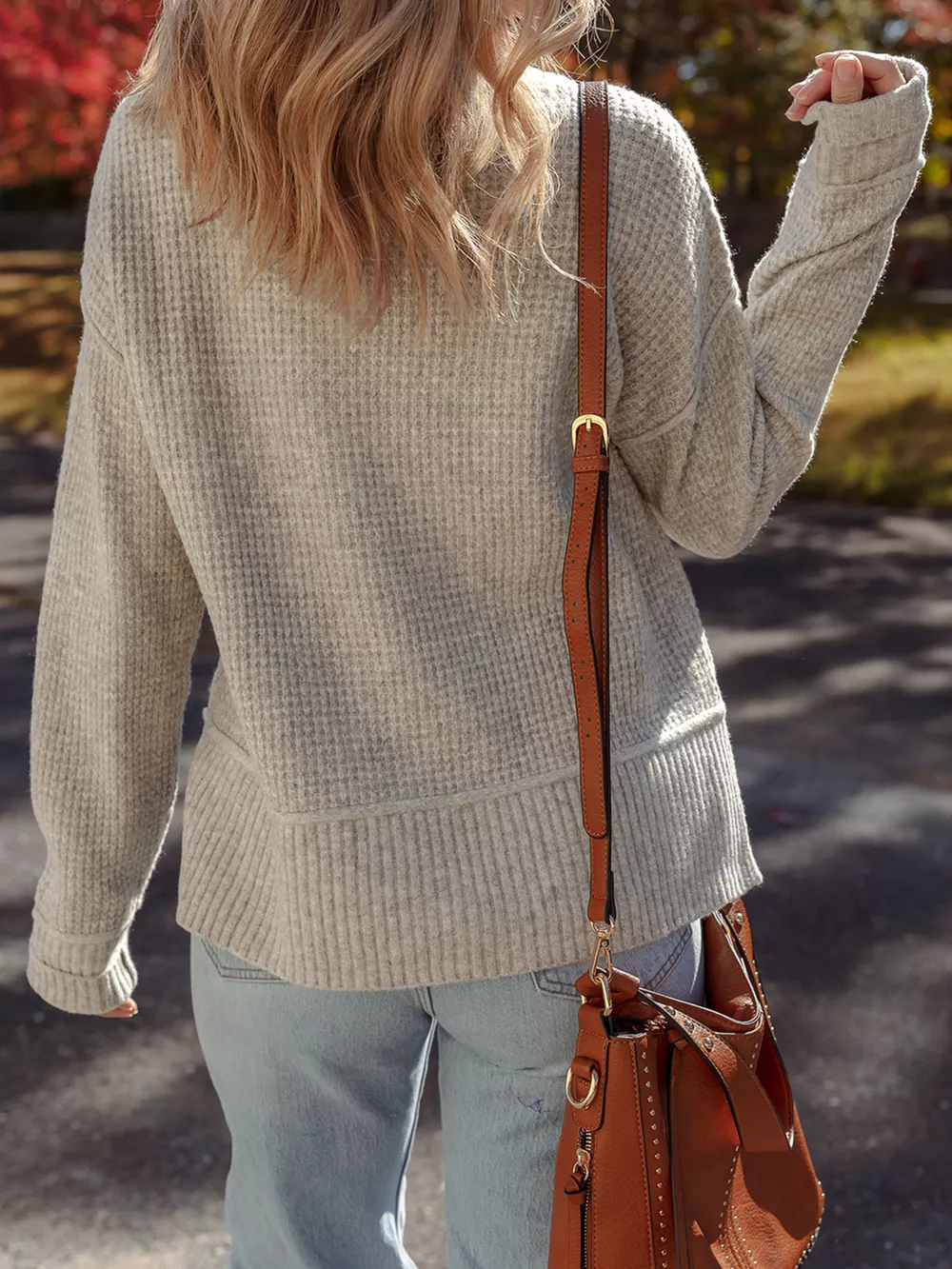 Waffle Texture Knit Ribbed High Neck Drop Shoulder Sweater, image 13