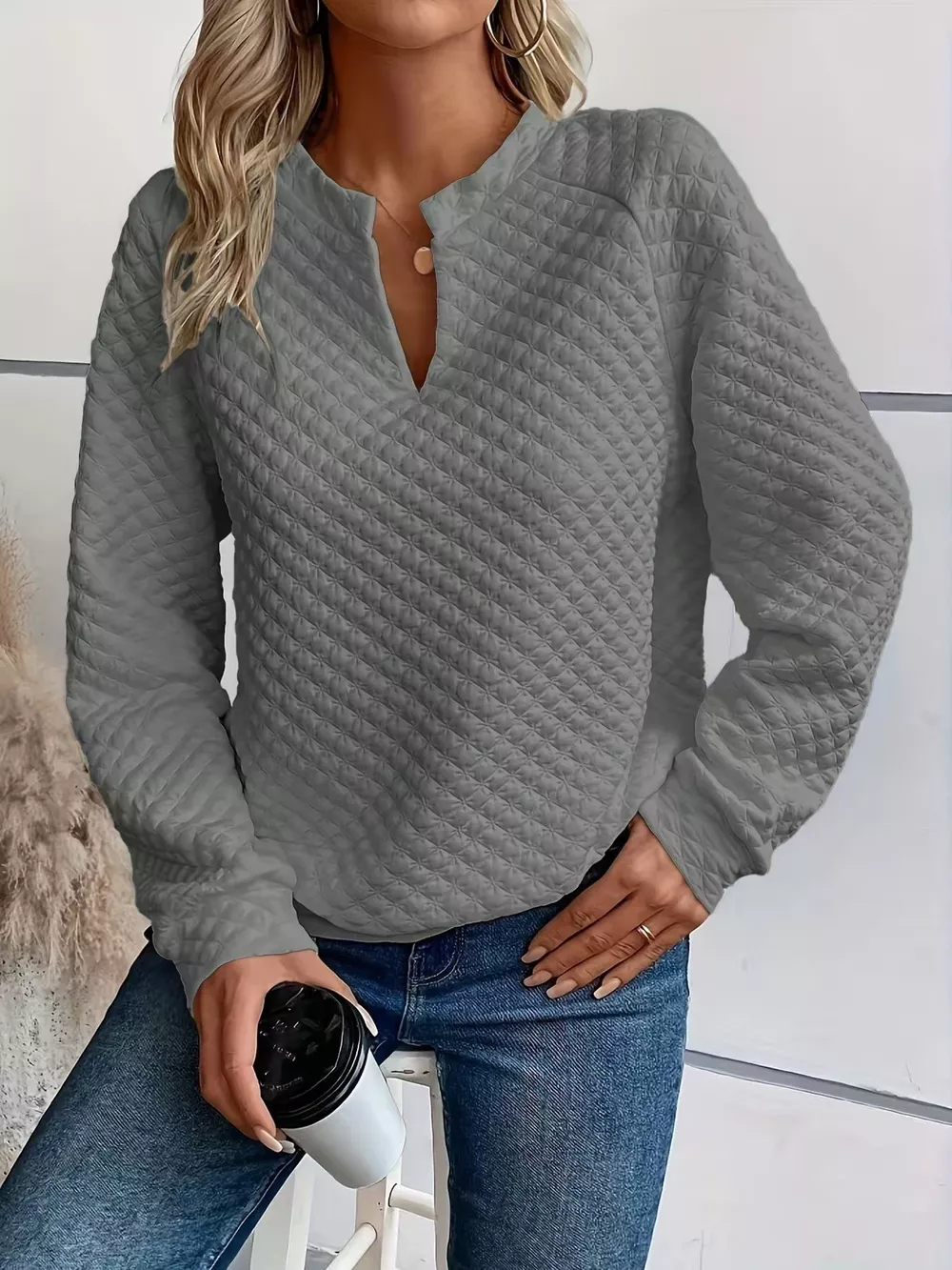 Quilted Texture Long Sleeve Sweatshirt with Notched Neck, image 23