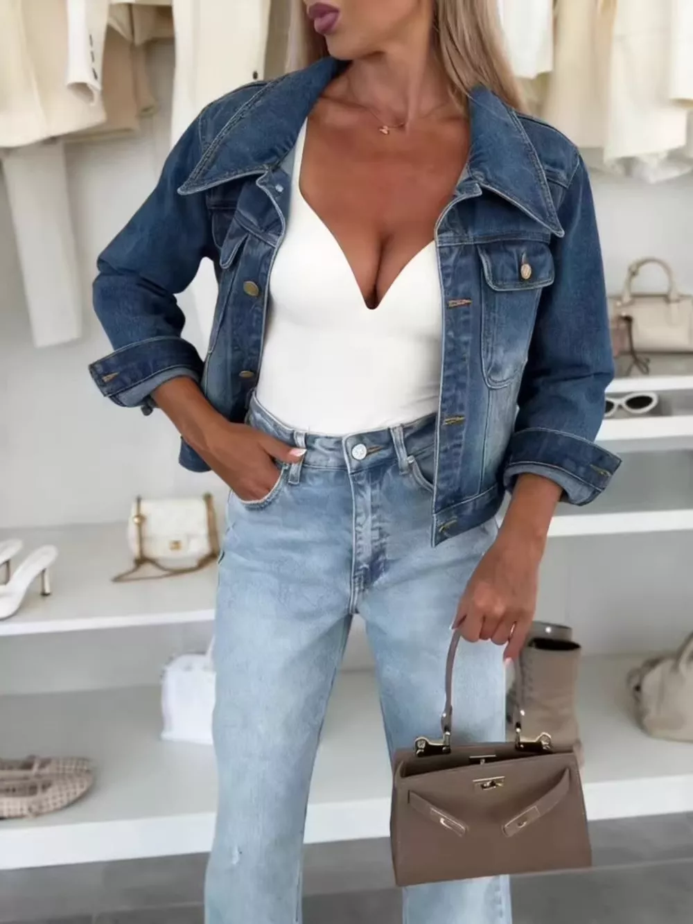 Full Size Chic Cropped Denim Jacket Plus Size, image 5