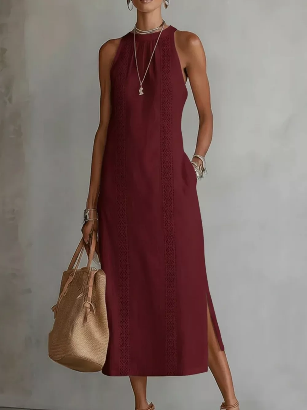 Full Size Sleeveless Lace Trim Midi Dress Plus Size, image 8