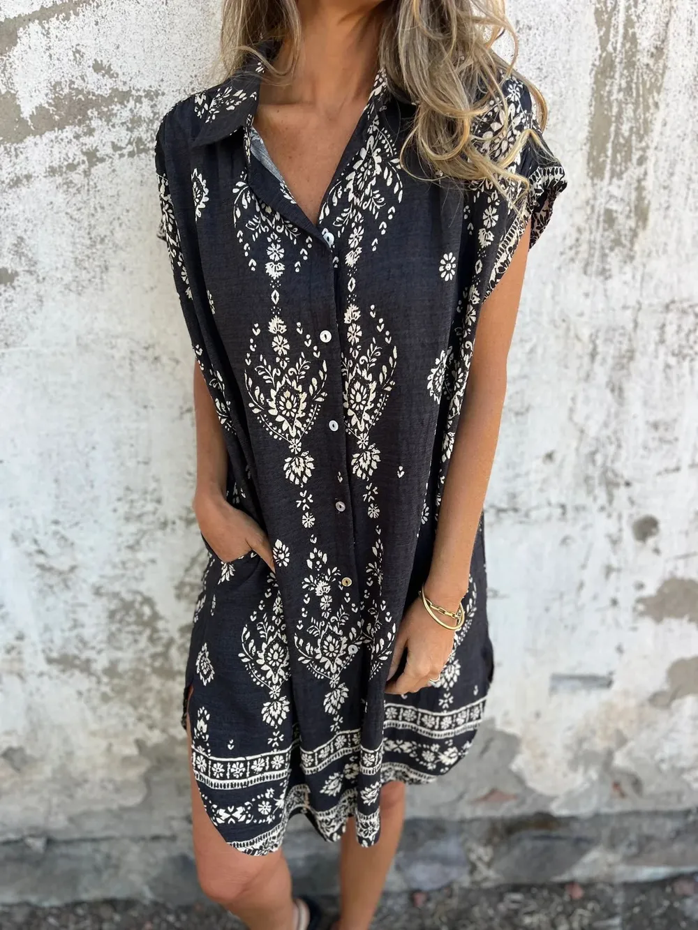 Full Size Printed Short Sleeve Button-Up Shirt Dress Plus Size, image 14