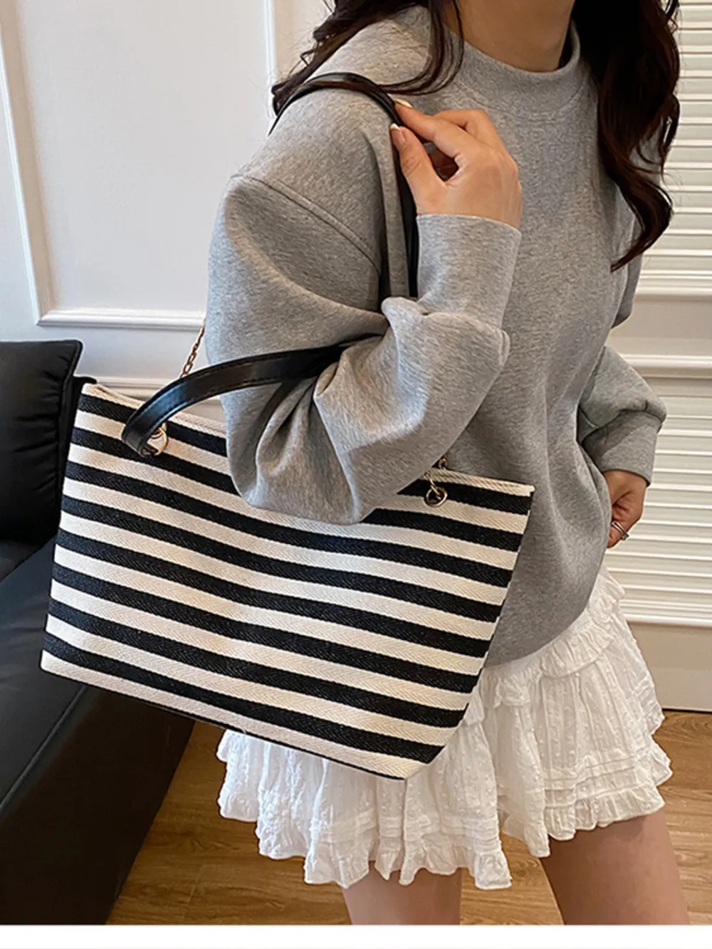 Striped Shoulder Bag with Chain Detail