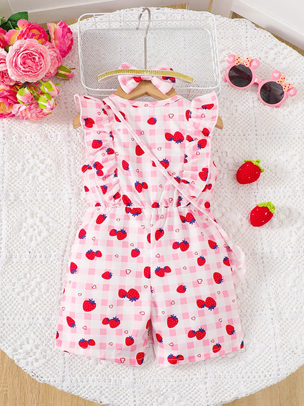 Children's Strawberry Print Ruffle Trim Jumpsuit & Headband Set, image 5
