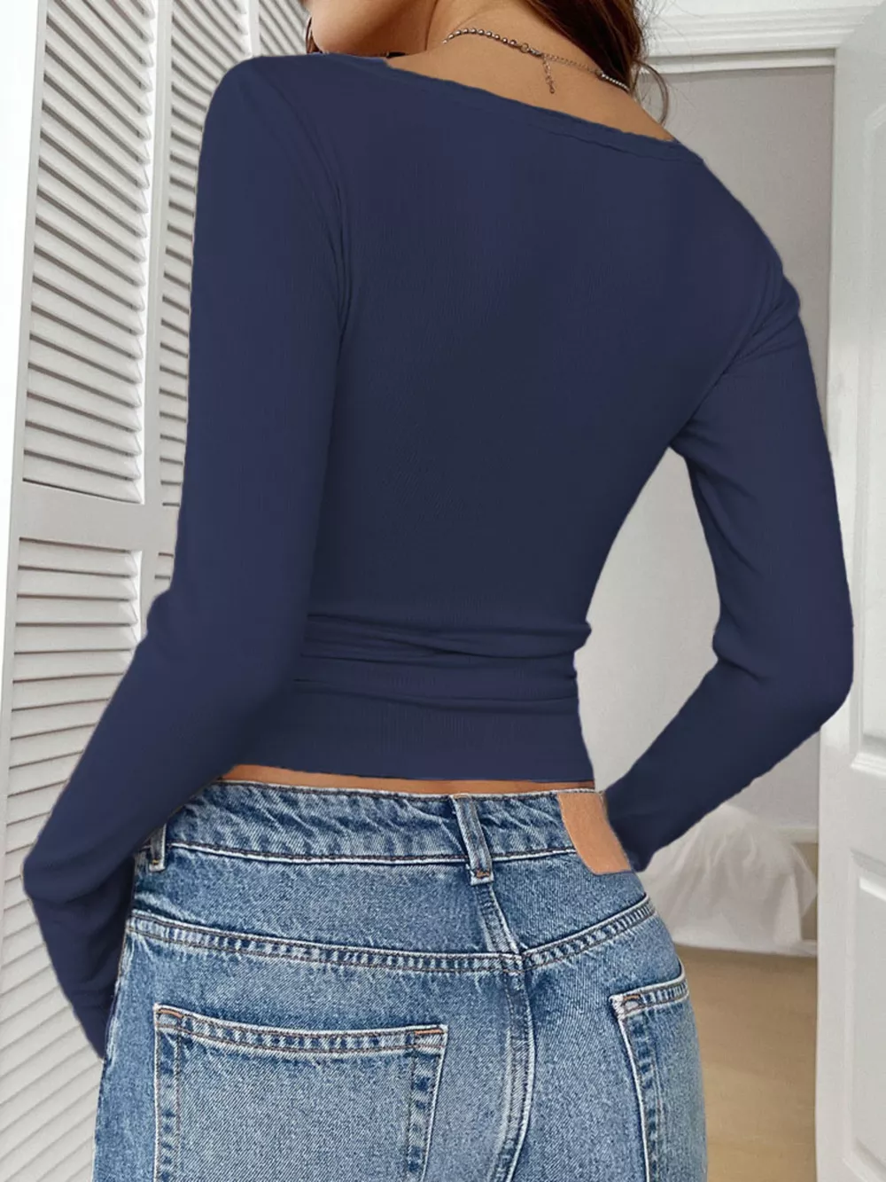 Ribbed Knit Lace Trim Long Sleeve T-Shirt, image 17