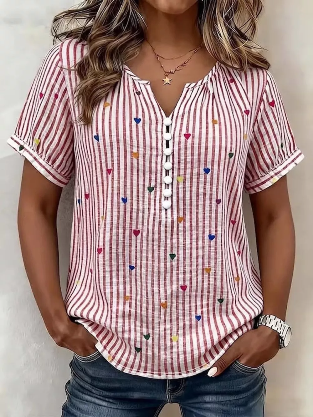 Full Size Heart Striped Short Sleeve Blouse Plus Size, image 5