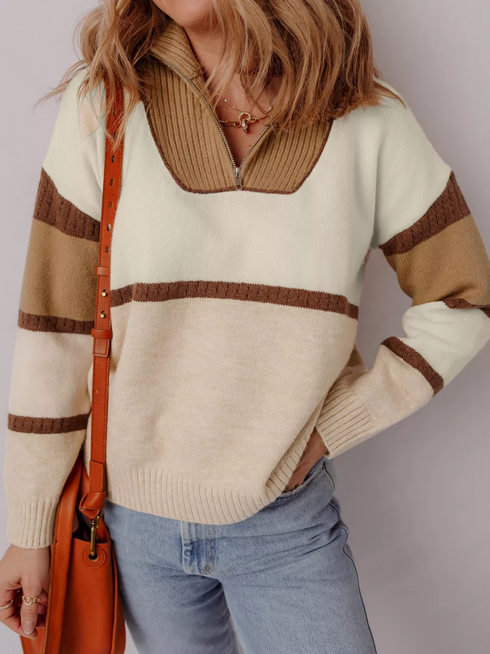 Color Block Zipped Collared Sweater, image 5