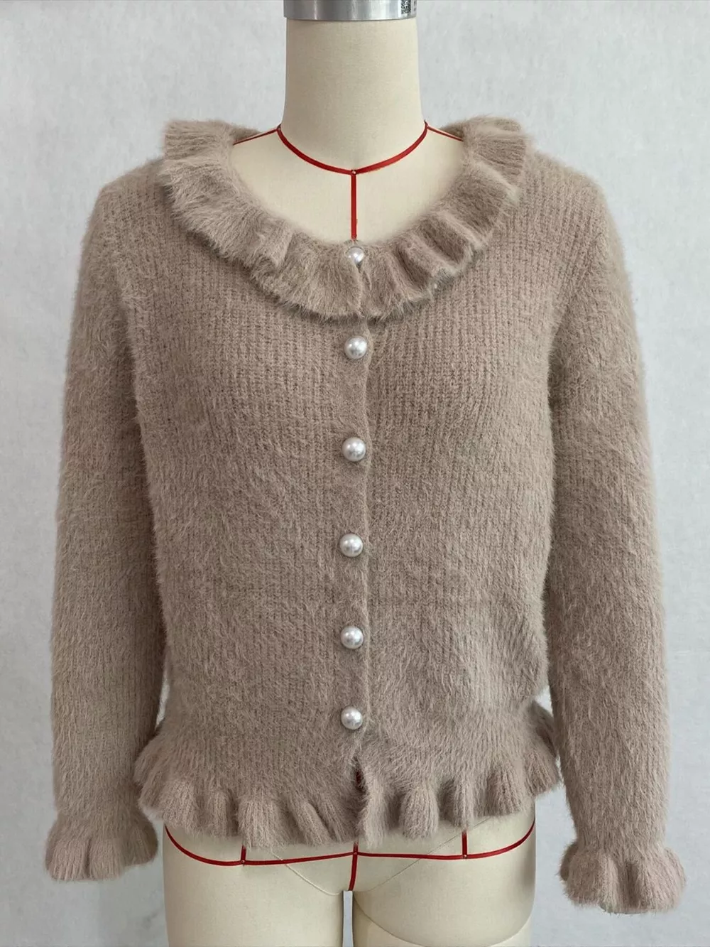 Soft Fuzzy Cardigan with Ruffled Collar and Pearl Buttons, image 23