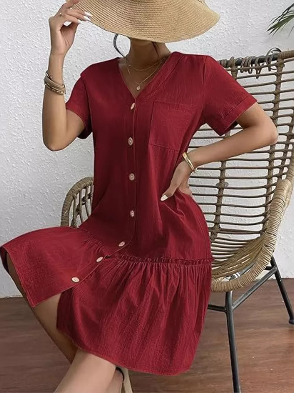 Full Size Button-Down Ruffle Hem Mini Dress Plus Size, image 15
