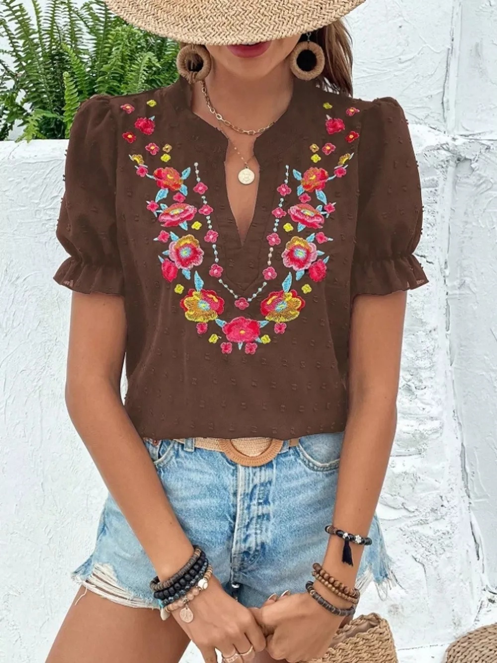 Floral Embroidered Puff Sleeve Blouse, image 15