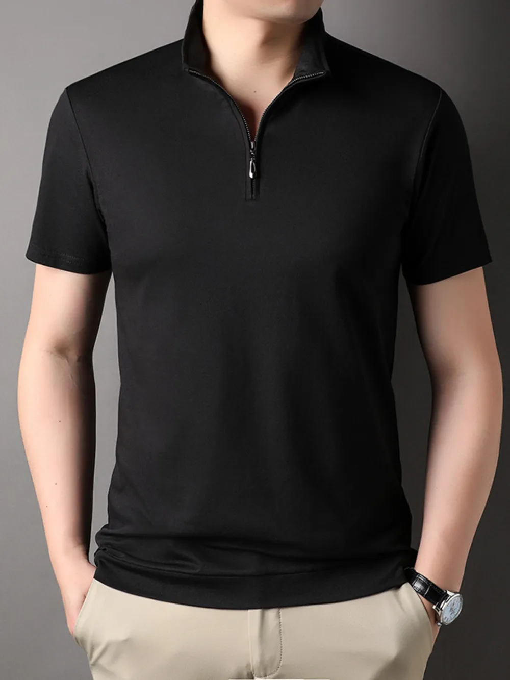 Men's Plus Size Zip Collar Short Sleeve Polo Shirt