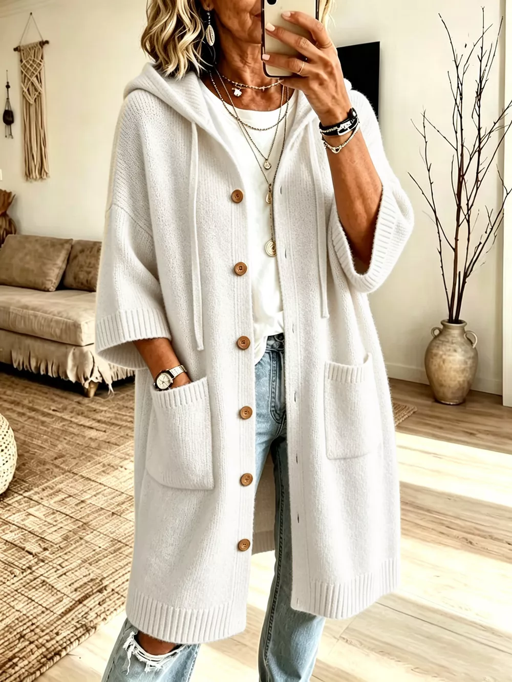 Hooded Button-Down Knit Cardigan with Pockets, image 14