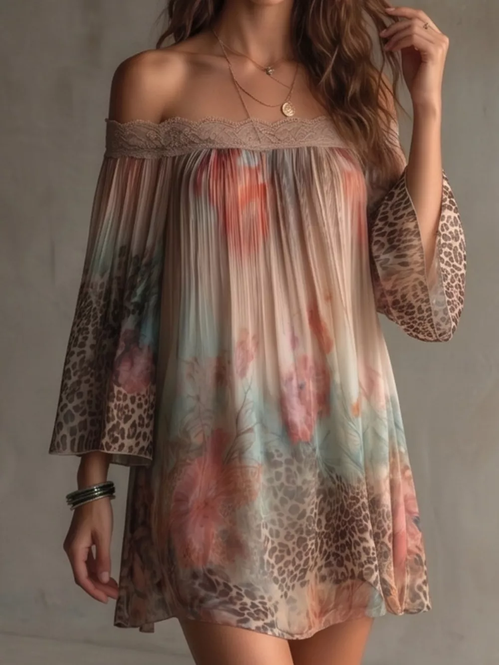 Off-Shoulder Lace-Trimmed Floral and Leopard Print Mini Dress, image 3