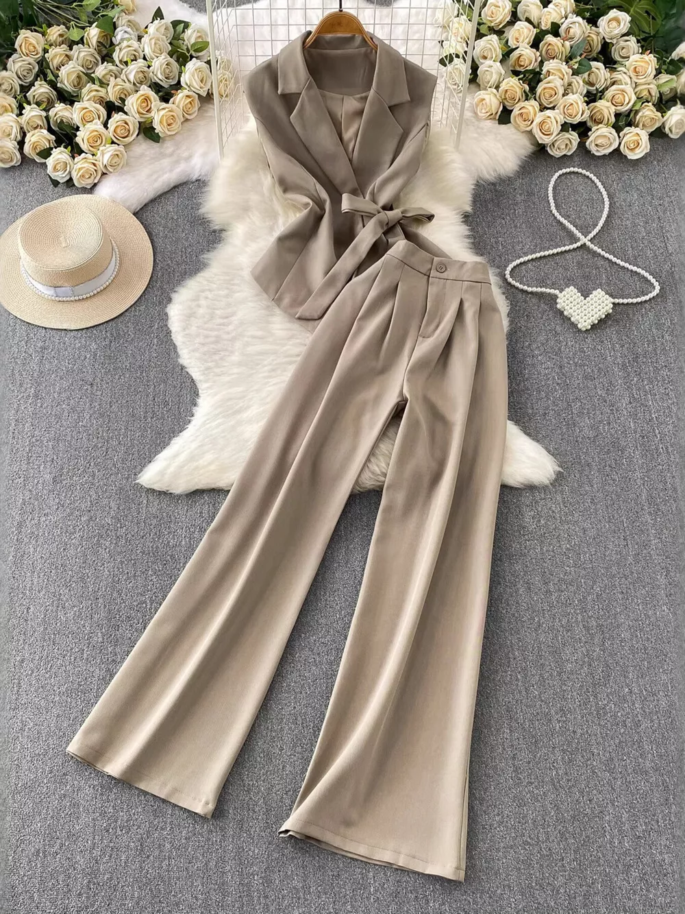 Sleeveless Blazer and Wide-Leg Pants Set