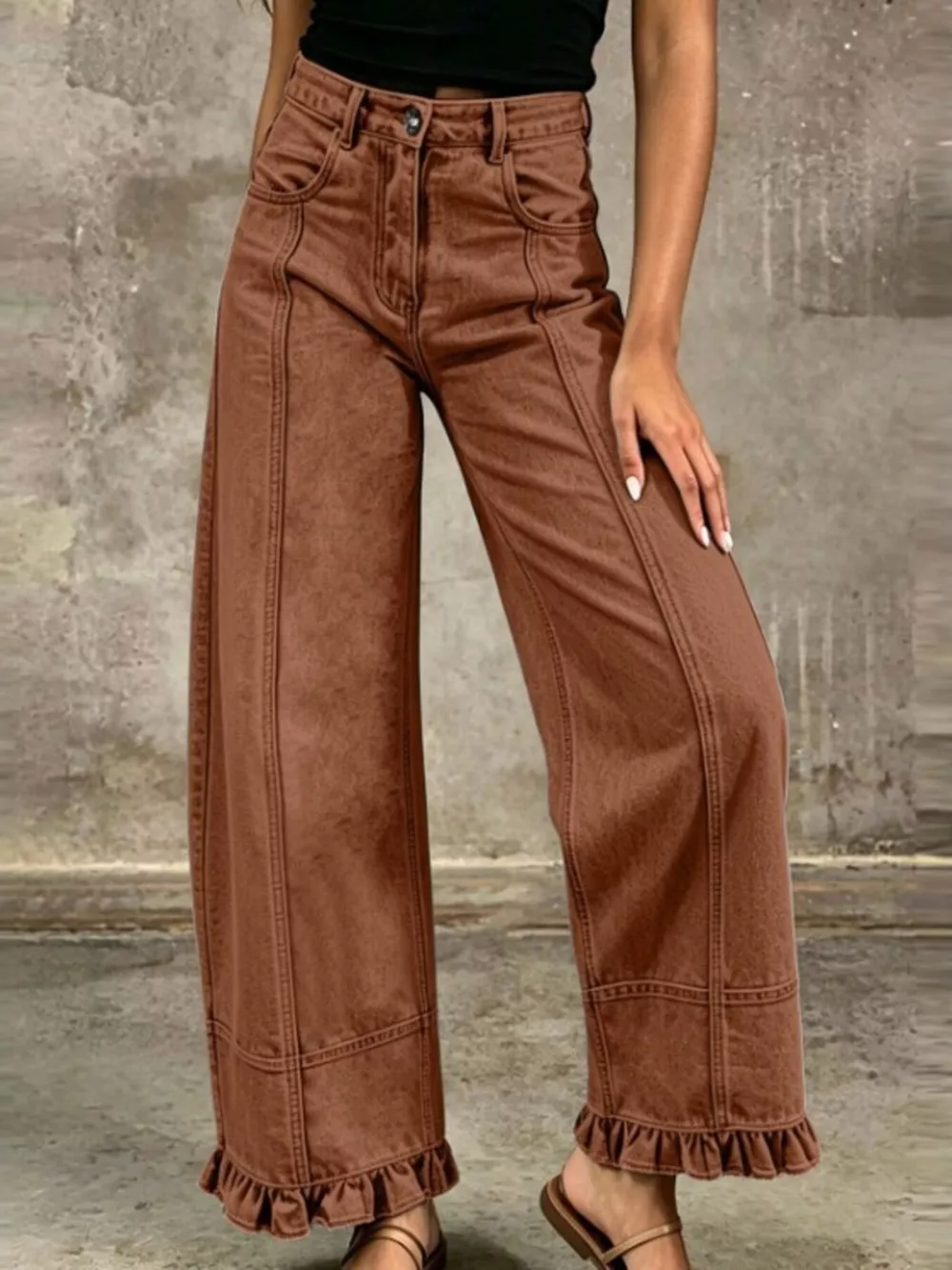 Full Size High-Waisted Wide-Leg Ruffle Hem Jeans Plus Size, image 10