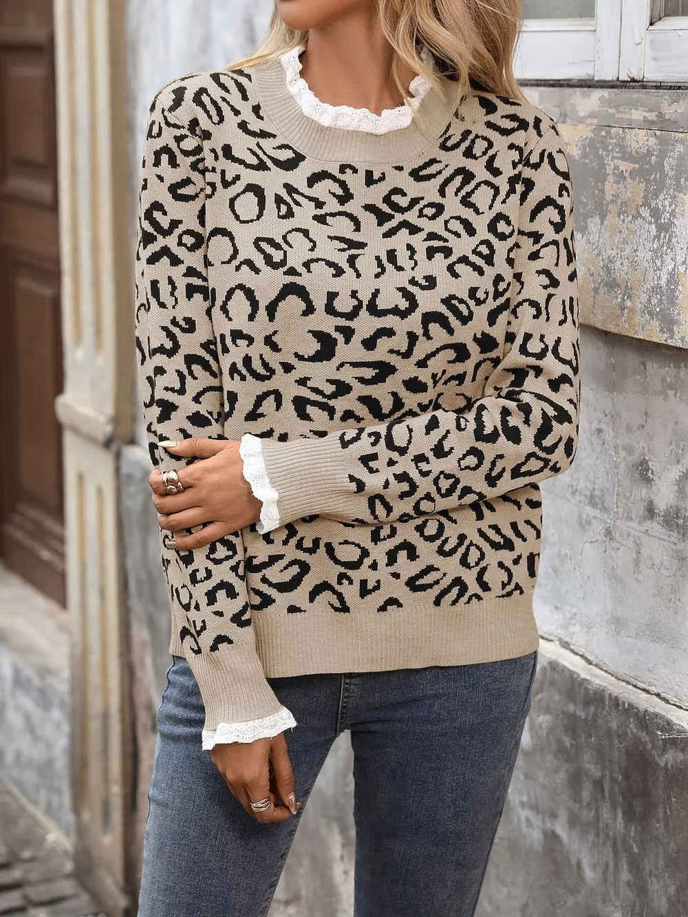 Frill Leopard Long Sleeve Sweater, image 9