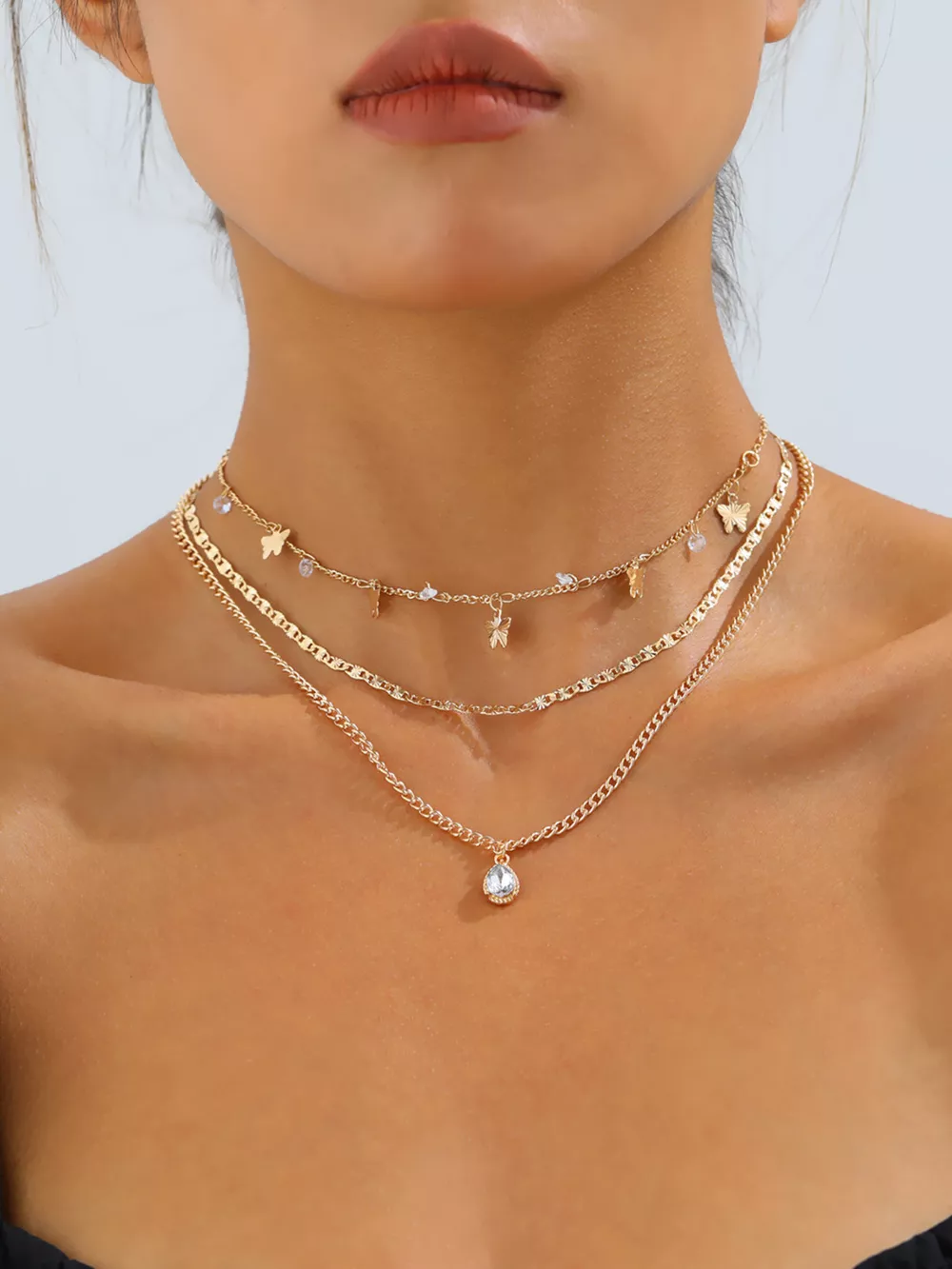 Layered Alloy Necklace with Butterfly and Zircon Charms, image 4