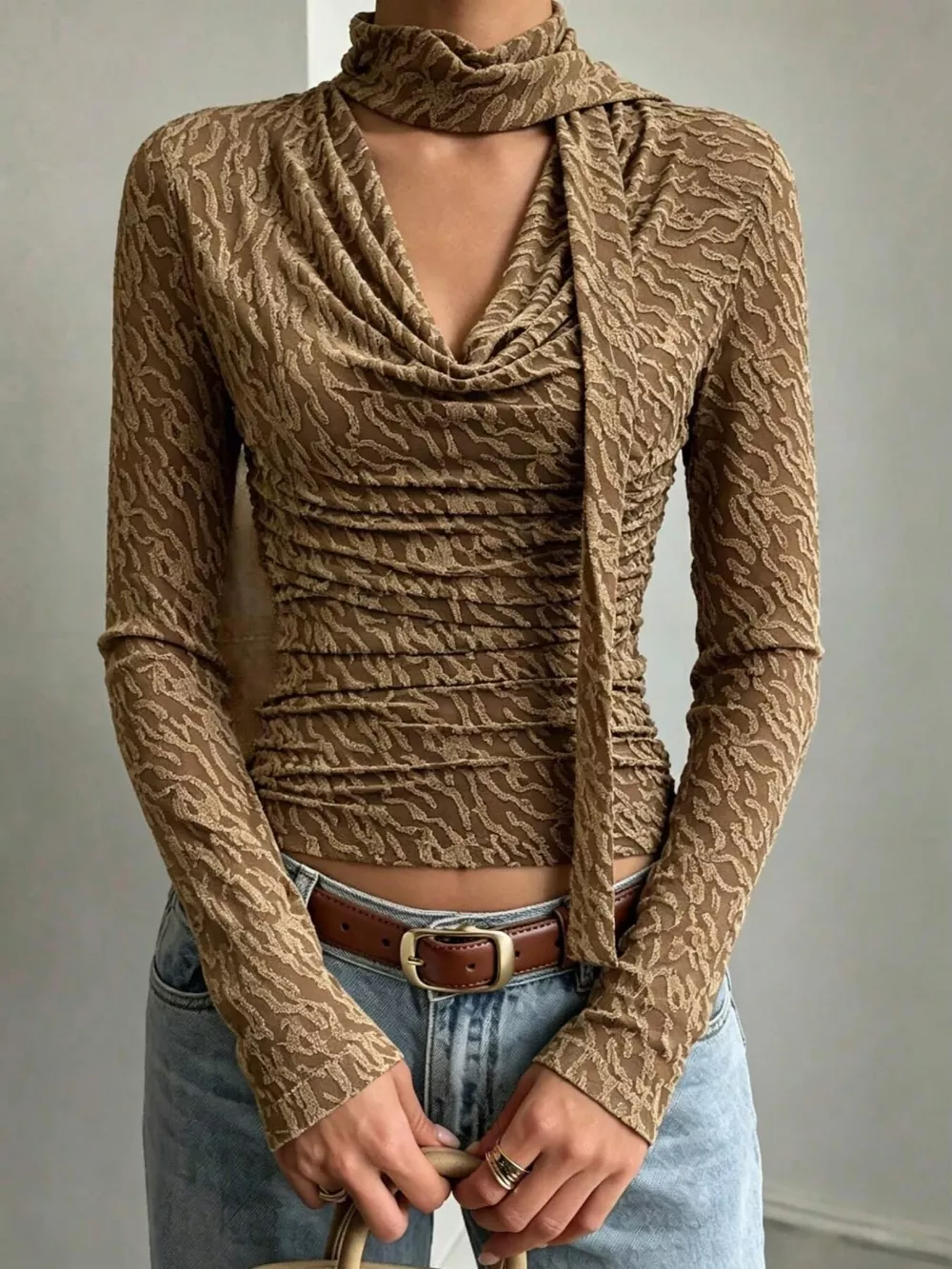 Textured Cowl Neck Long Sleeve Blouse with Scarf Detail, image 3