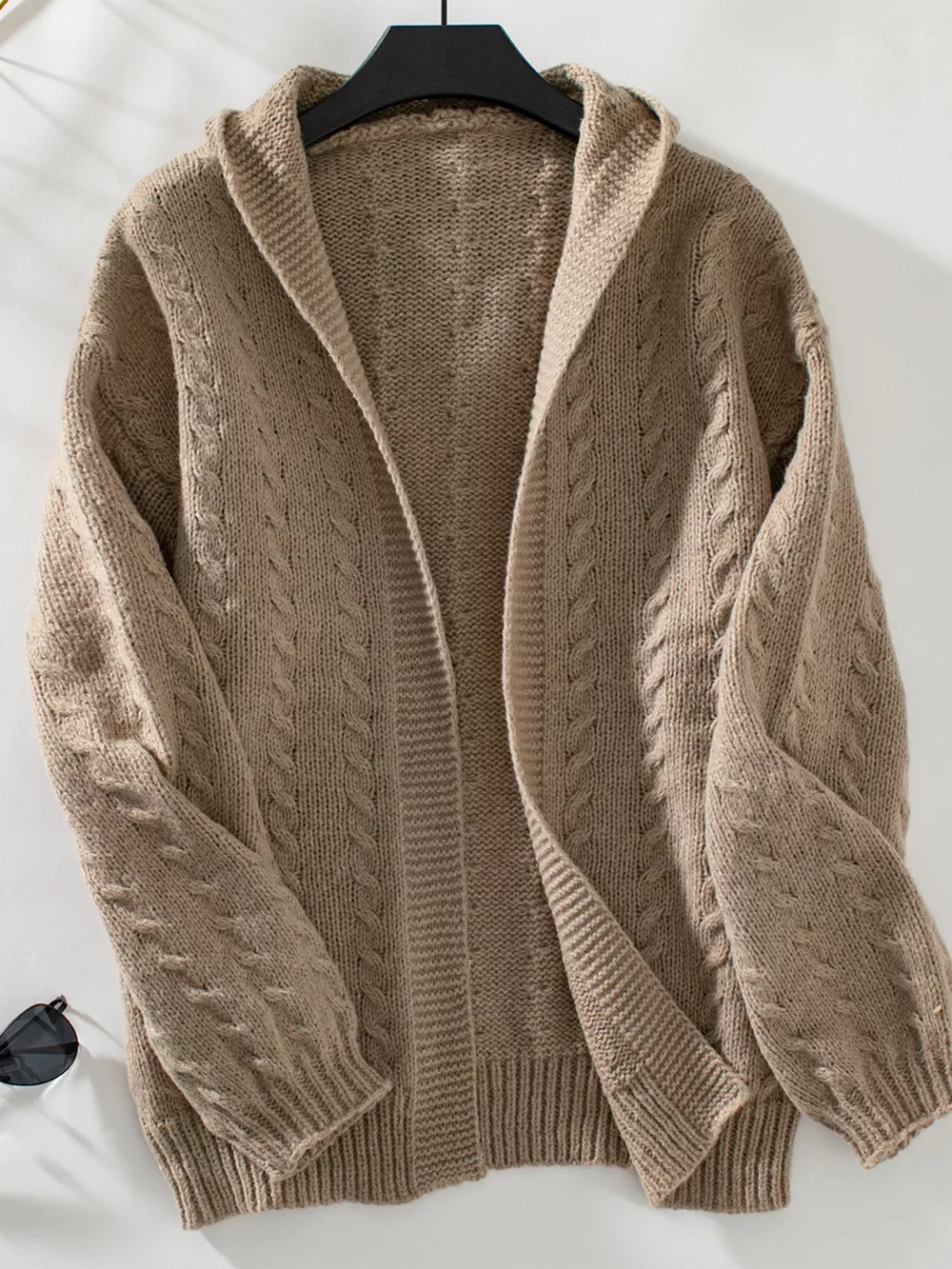 Cable Knit Open Front Hooded Cardigan, image 9
