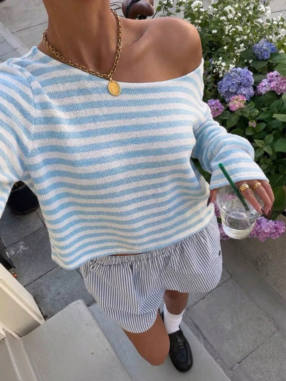 Boat Neck Striped Long Sleeve T-Shirt, image 24