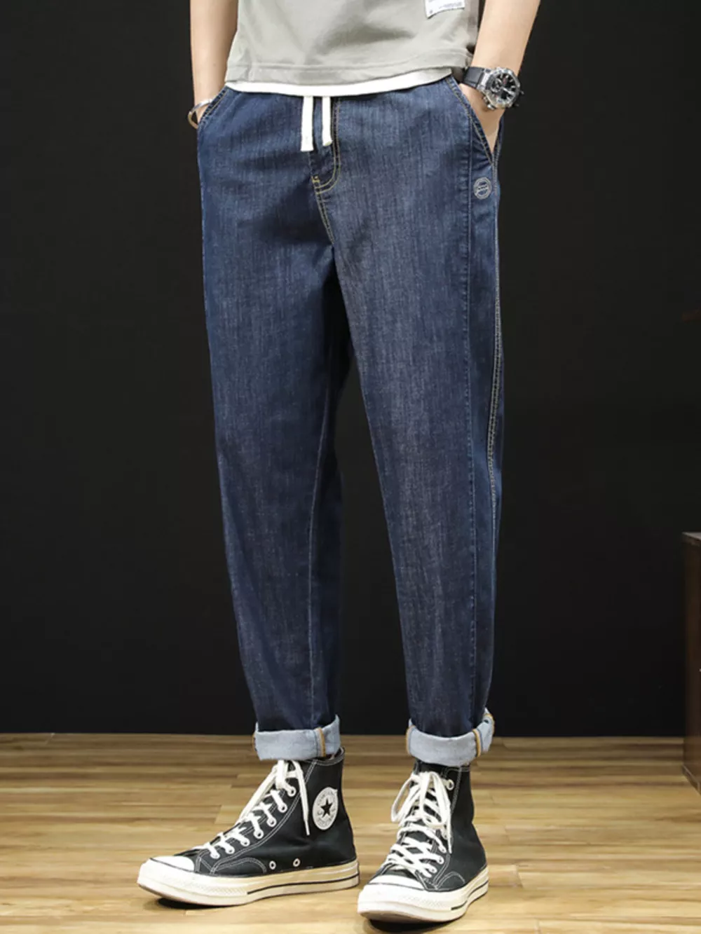 Men's Plus Size Drawstring Straight Leg Jeans, image 4