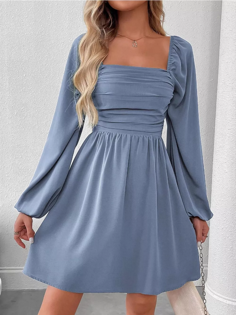 Ruched Square Neck Long Sleeve A-Line Dress, image 22