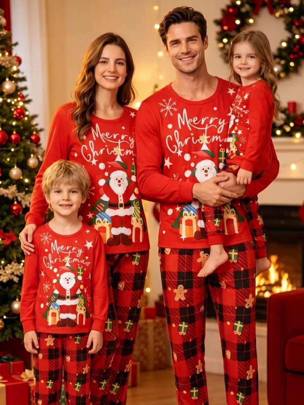 Family Matching Christmas Pajama Set with Santa and Plaid Print, image 3