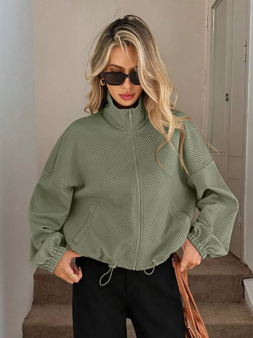 Drawstring Hem Textured Long Sleeve Jacket, image 24