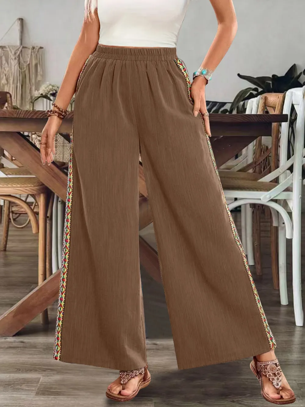 Bohemian Wide Leg Embroidered Side Stripe Pants, image 3