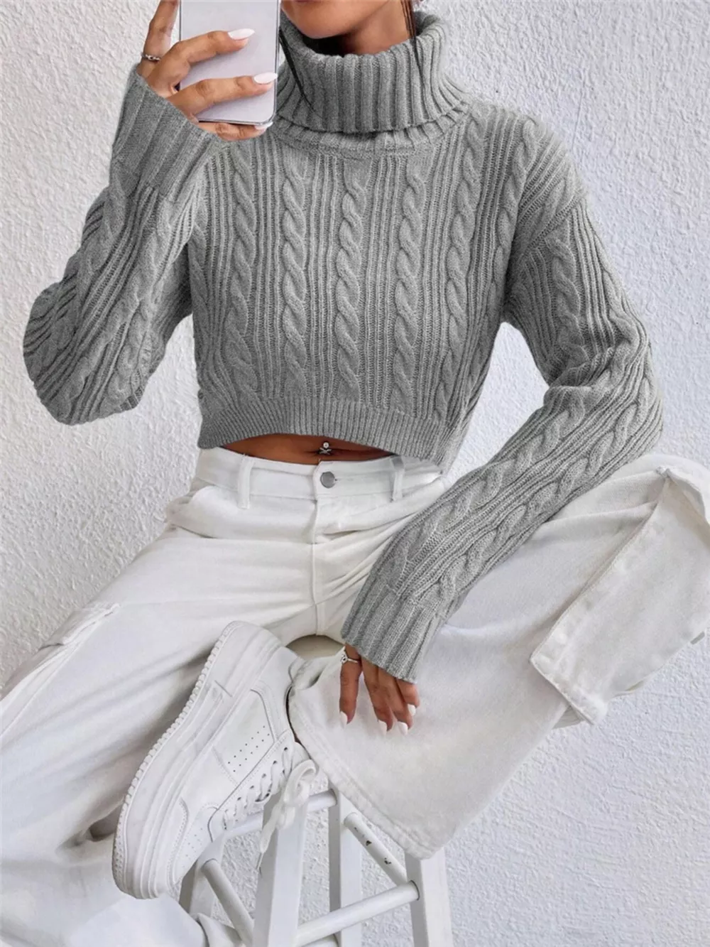 Cable-Knit Turtleneck Long Sleeve Sweater