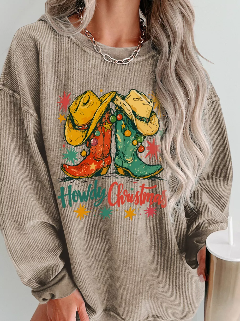 Howdy Christmas Cowboy Boots Graphic Corded Sweatshirt, image 4