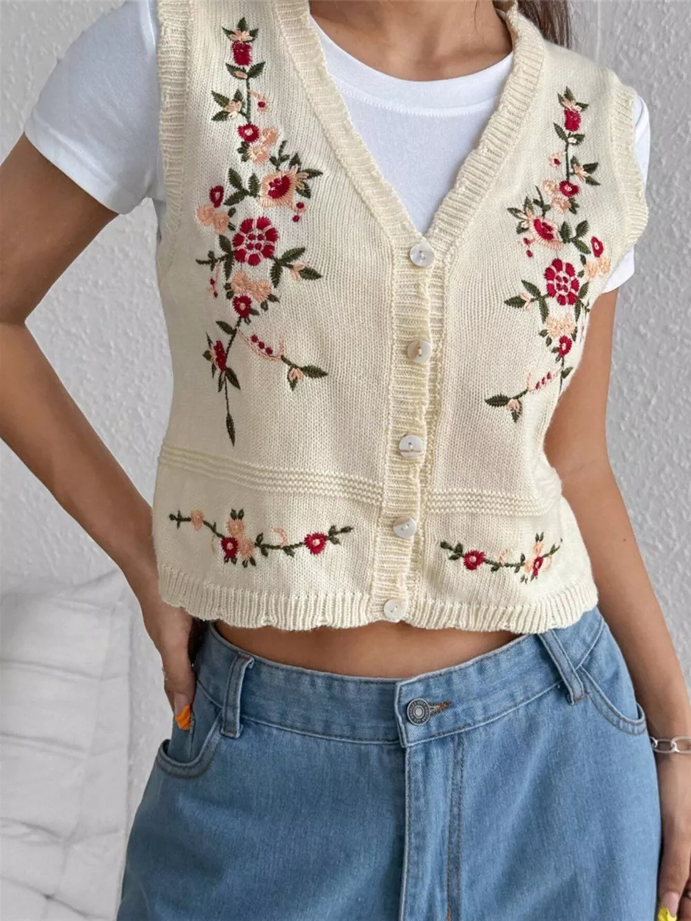 Embroidered Button Up Sweater Vest, image 2