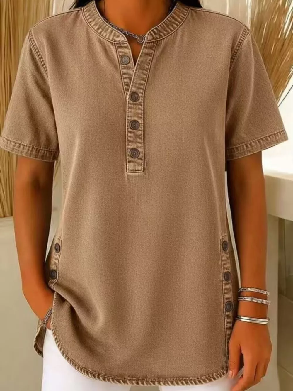 Full Size Button Detail Short Sleeve Blouse Plus Size, image 9