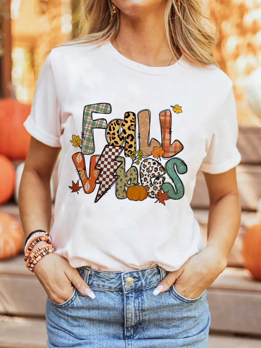 FALL VIBES Cotton Blend Casual T Shirt, image 5