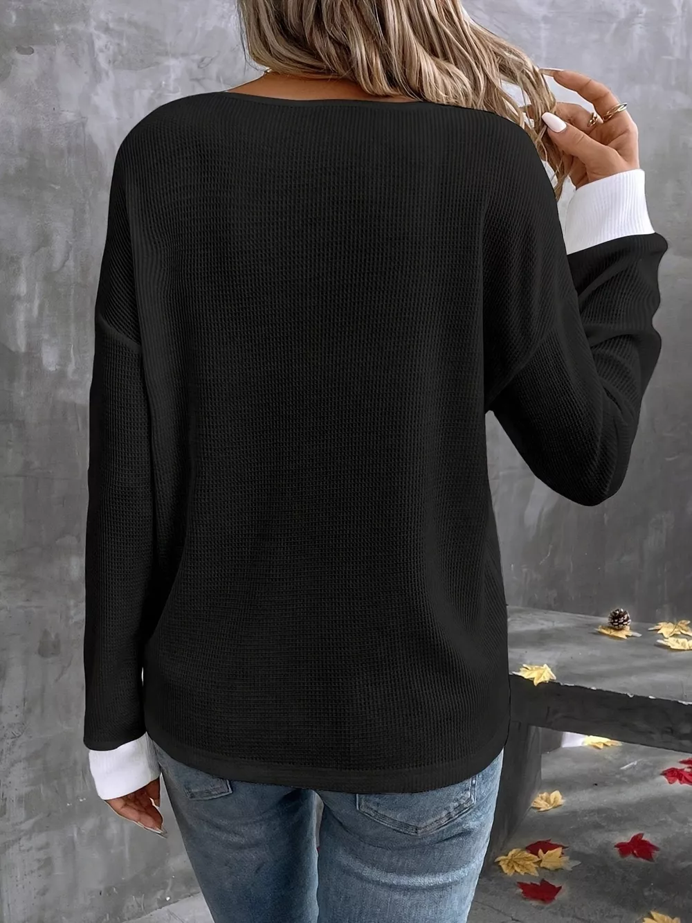 Plus Size V-Neck Long Sleeve Waffle Knit T-Shirt, image 18