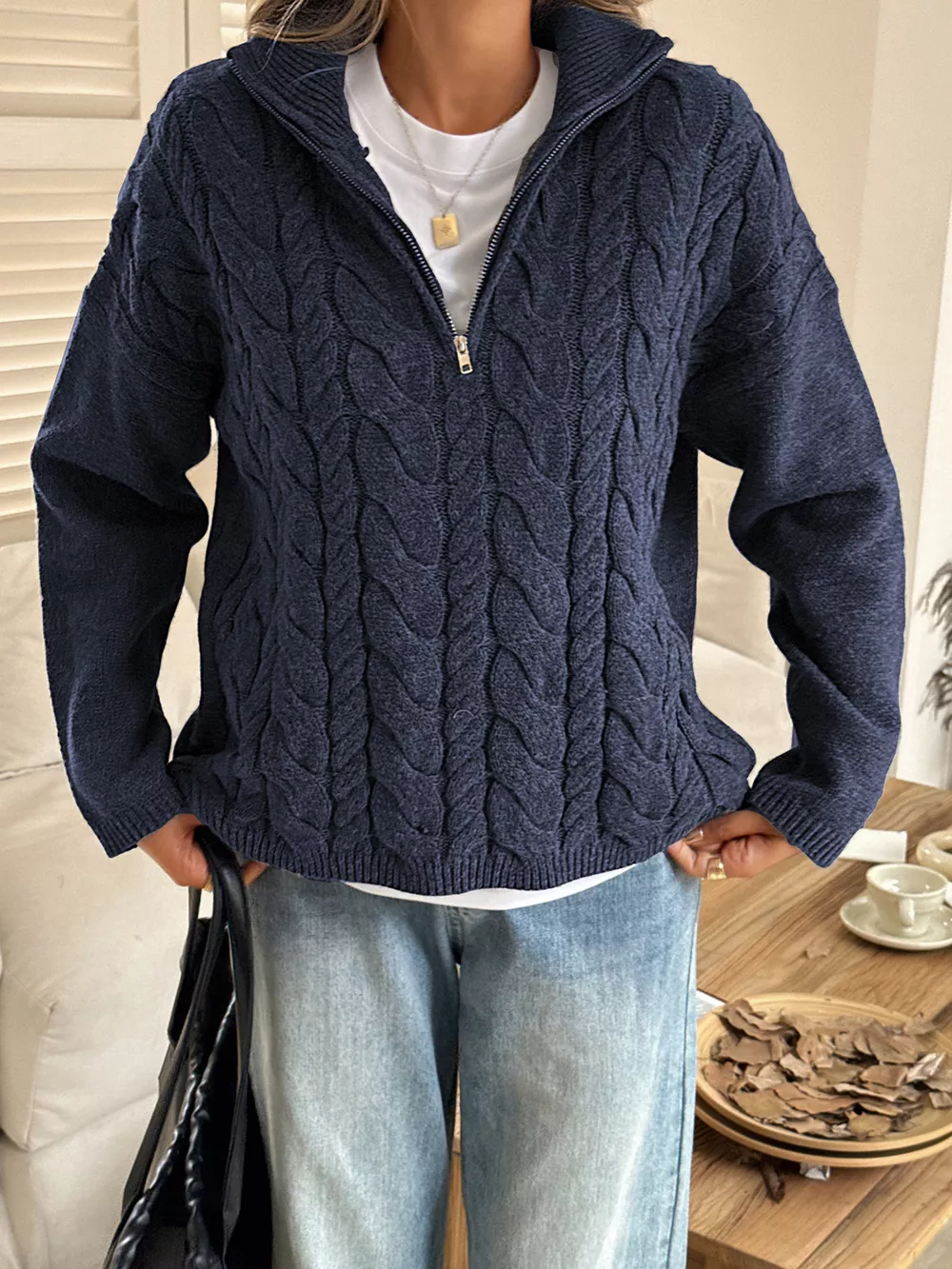 Zip Collar Cable-Knit Sweater, image 10