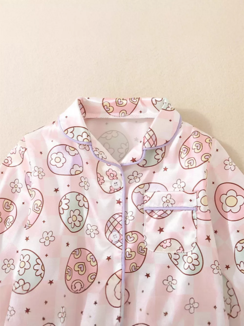 Children's Egg Print Pajama Set with Bow Accents, image 2