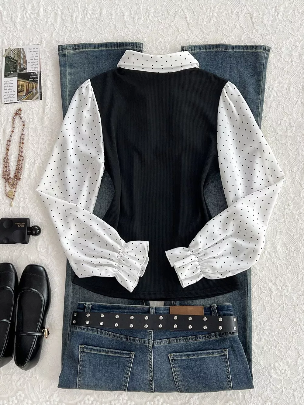 Polka Dot Flounce Sleeve Layered Look Blouse, image 4
